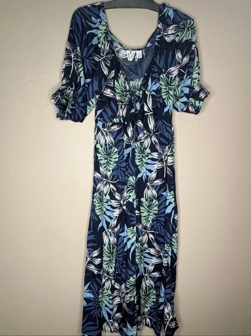 Roxy Women's Blue Tropical Floral Maxi Boho Dress Tie Front 3/4 Sleeve Size Larg